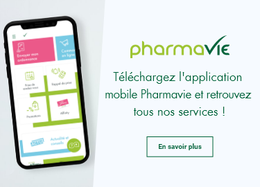 Smartphone avec à l'écran l'application mobile Pharmavie et tous ses services