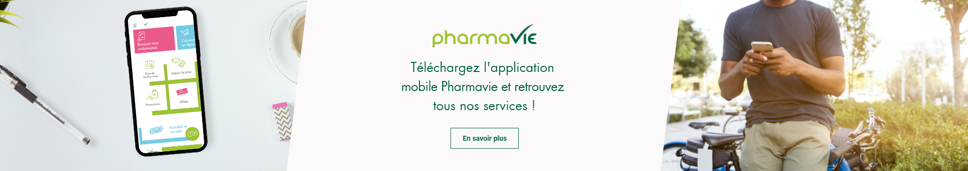 Smartphone avec à l'écran l'application mobile Pharmavie et tous ses services